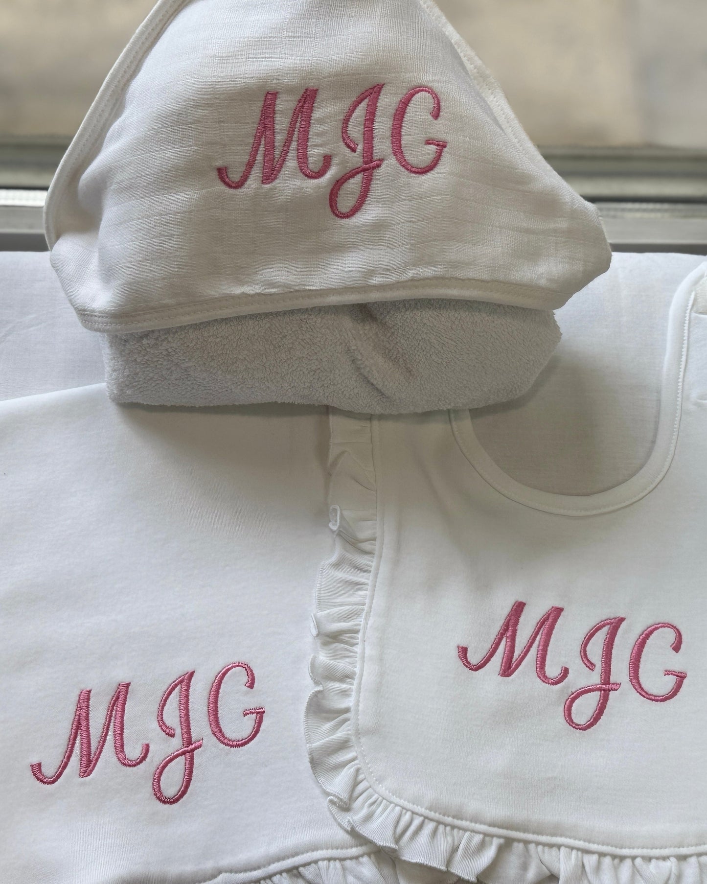 Baby Girl Items - Bib, Burp Cloth, Towel, Blanket + Teddy!