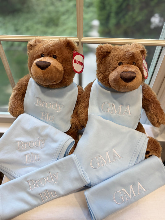 Baby Boy Items - Bib, Burp Cloth, Towel, Blanket + Teddy!